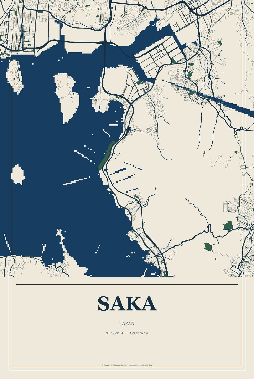 Saka, Japan City Map Aluminum Sign in Coastal Cutout style