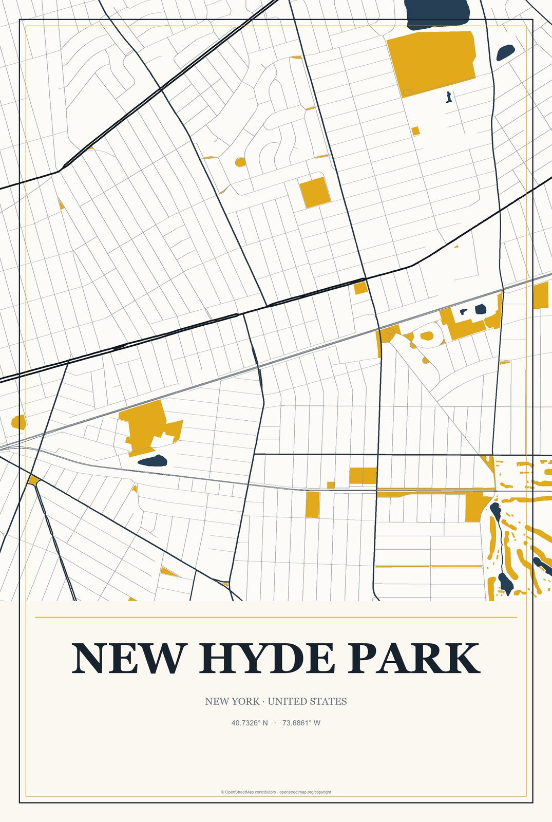 New Hyde Park, New York City Map Aluminum Sign in Citrine Modern style