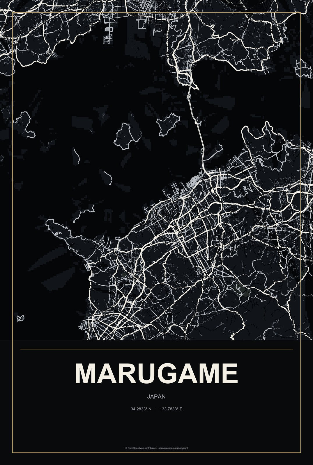 Marugame, Japan City Map Aluminum Sign in Metropolitan Noir style