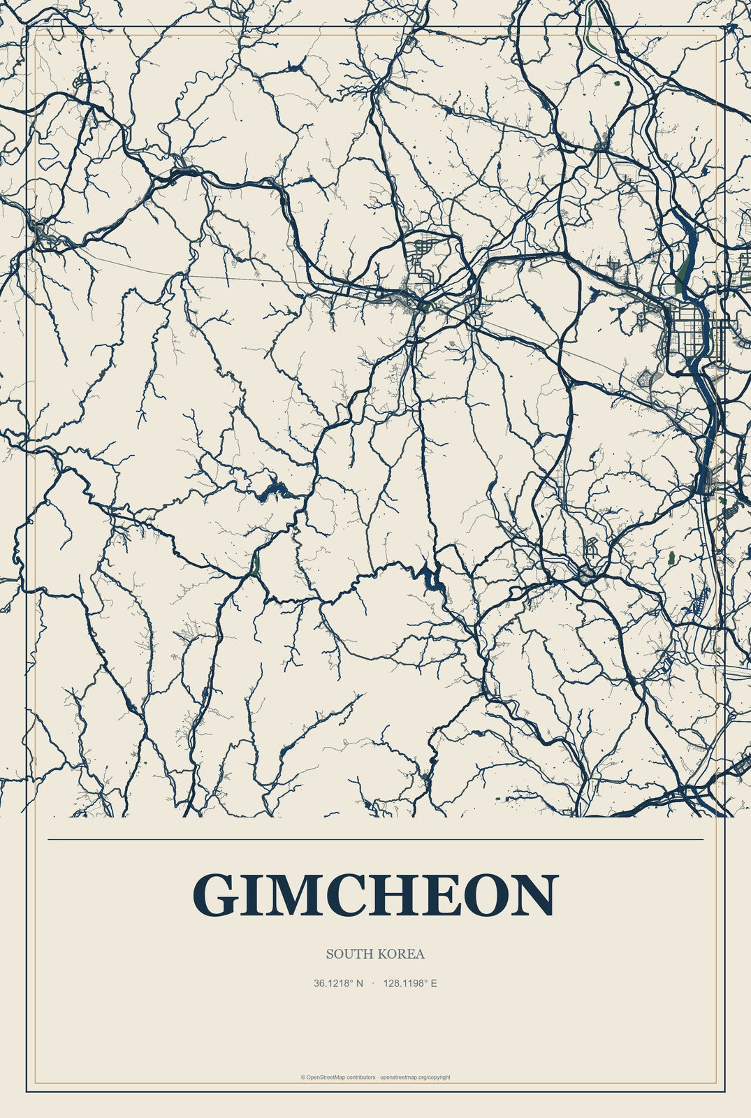 Gimcheon, South Korea City Map Aluminum Sign in Coastal Cutout style