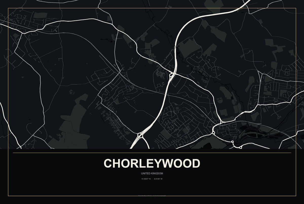 Chorleywood, United Kingdom City Map Aluminum Sign in Metropolitan Noir style