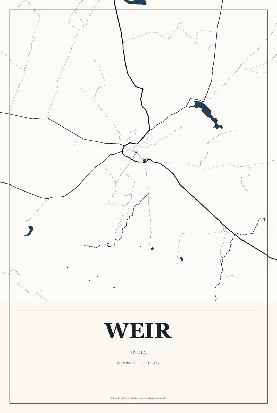 Weir, India City Map Aluminum Sign in Citrine Modern style