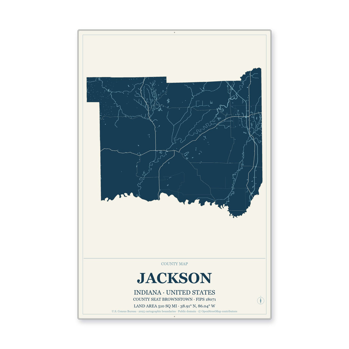 Jackson County, Indiana Map Aluminum Sign in Coastal Cutout style