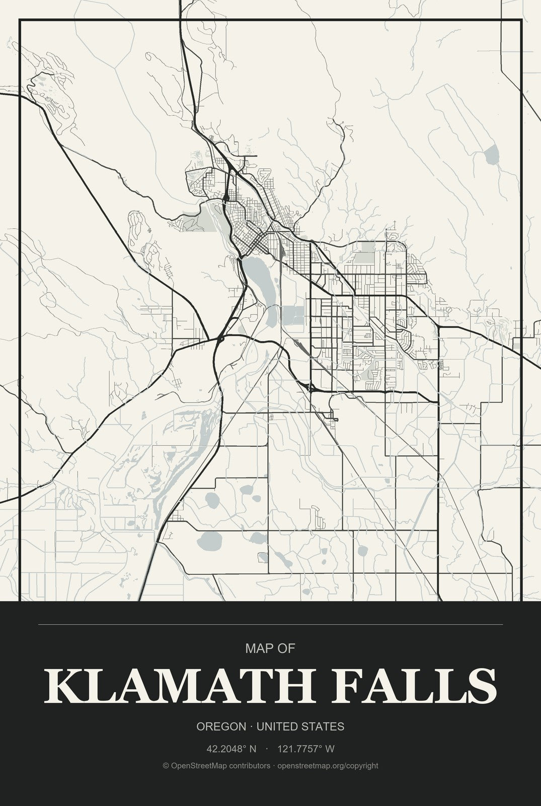 Klamath Falls, Oregon City Map Aluminum Sign in Museum Plaque style