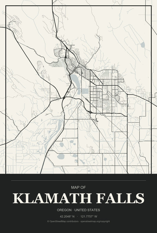 Klamath Falls, Oregon City Map Aluminum Sign in Museum Plaque style
