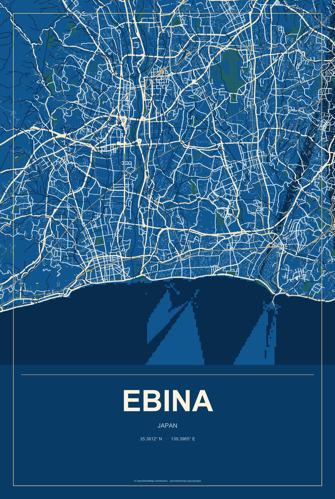 Ebina, Japan City Map Aluminum Sign in Harbor Cobalt style