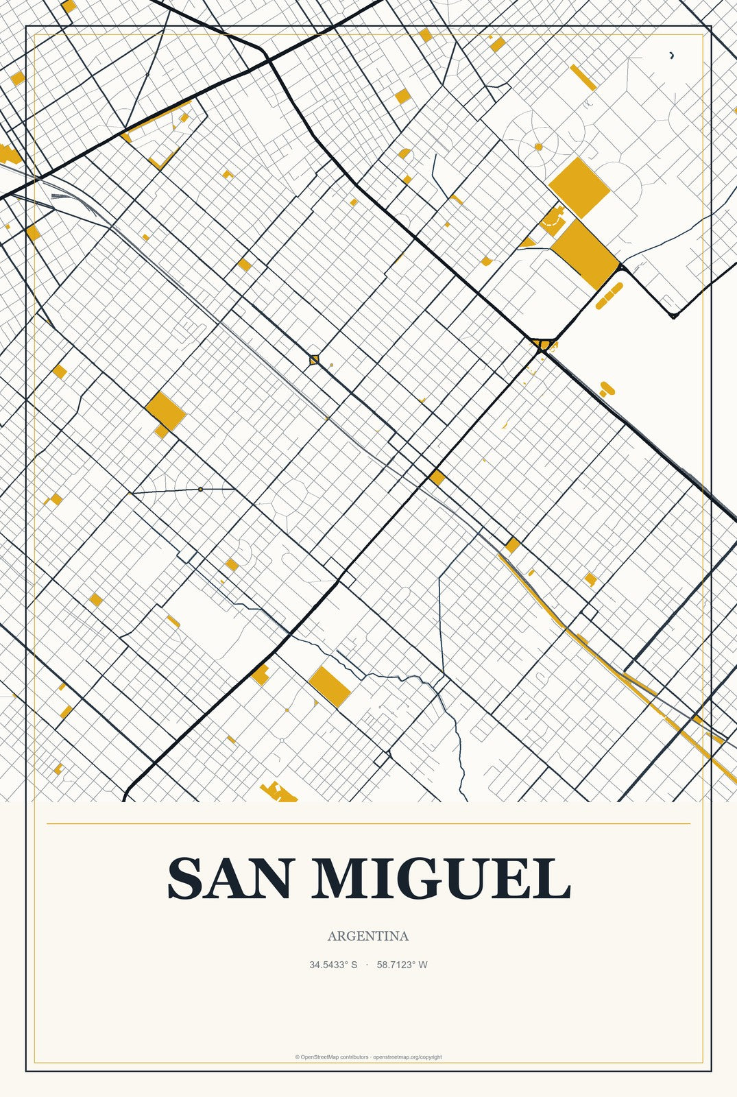 San Miguel, Argentina City Map Aluminum Sign in Citrine Modern style