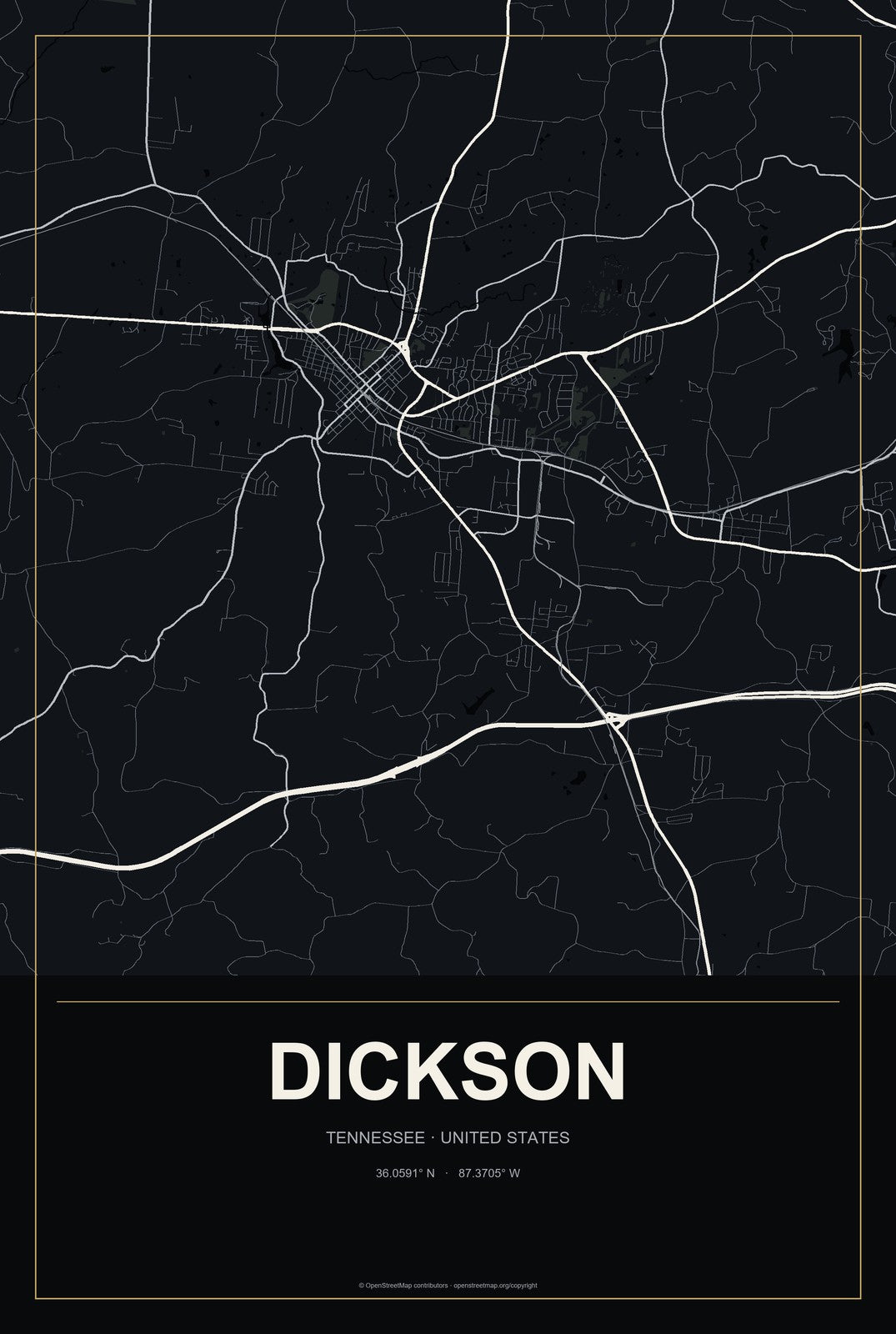 Dickson, Tennessee City Map Aluminum Sign in Metropolitan Noir style