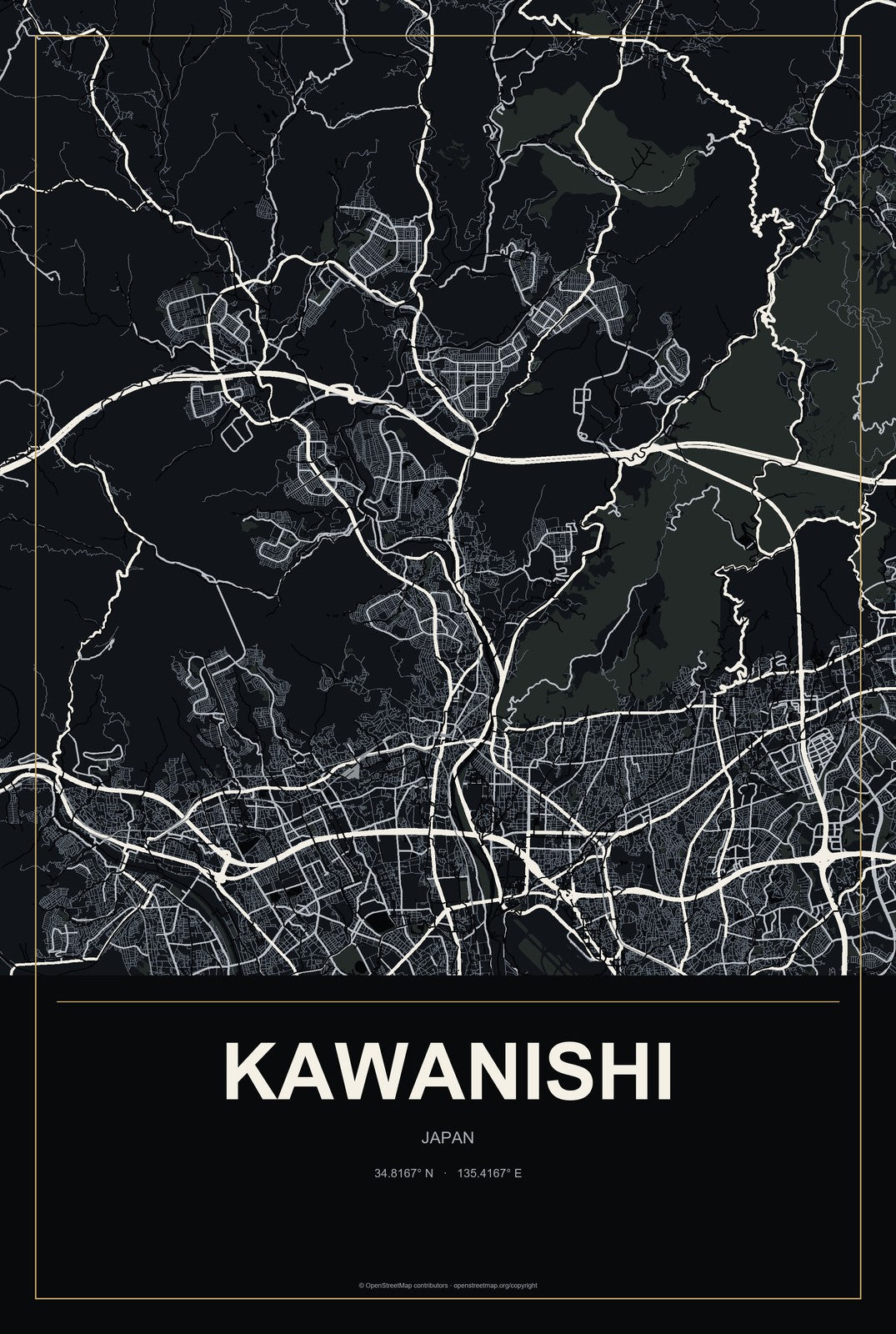 Kawanishi, Japan City Map Aluminum Sign in Metropolitan Noir style