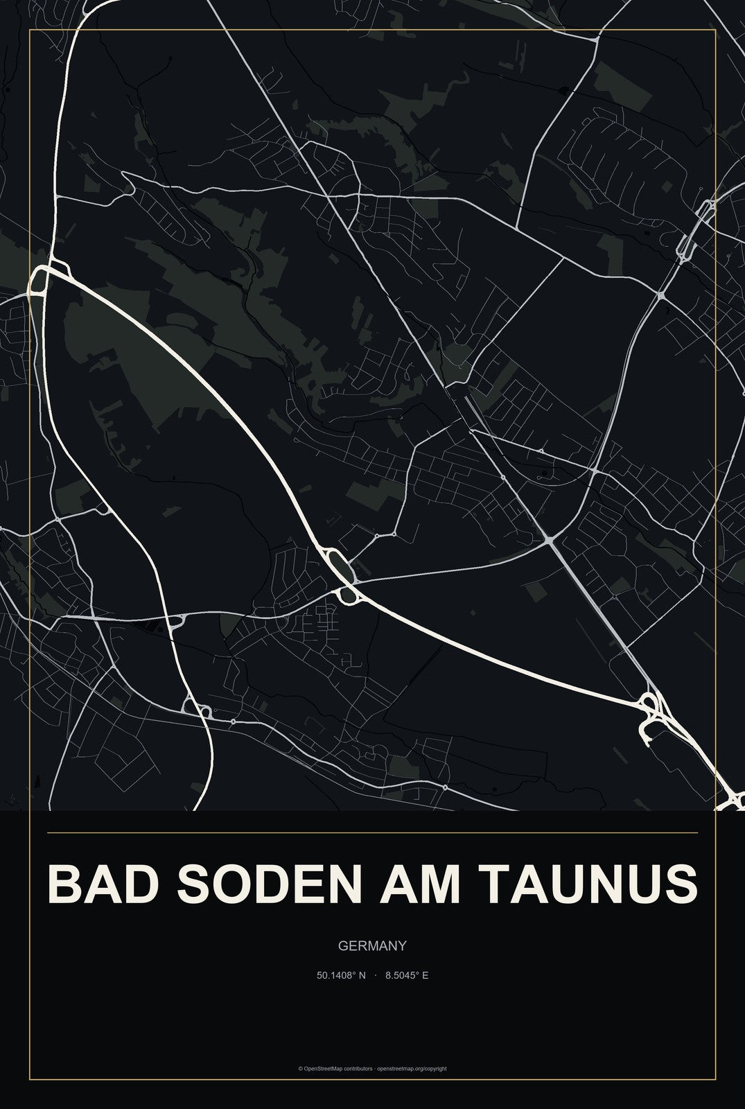 Bad Soden am Taunus, Germany City Map Aluminum Sign in Metropolitan Noir style