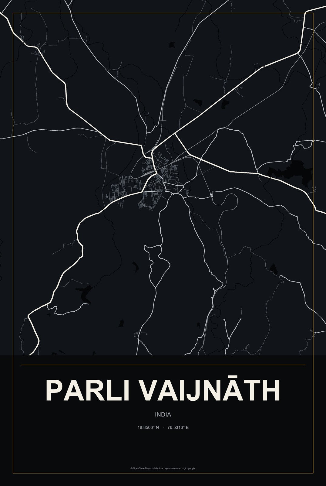 Parli Vaijnāth, India City Map Aluminum Sign in Metropolitan Noir style
