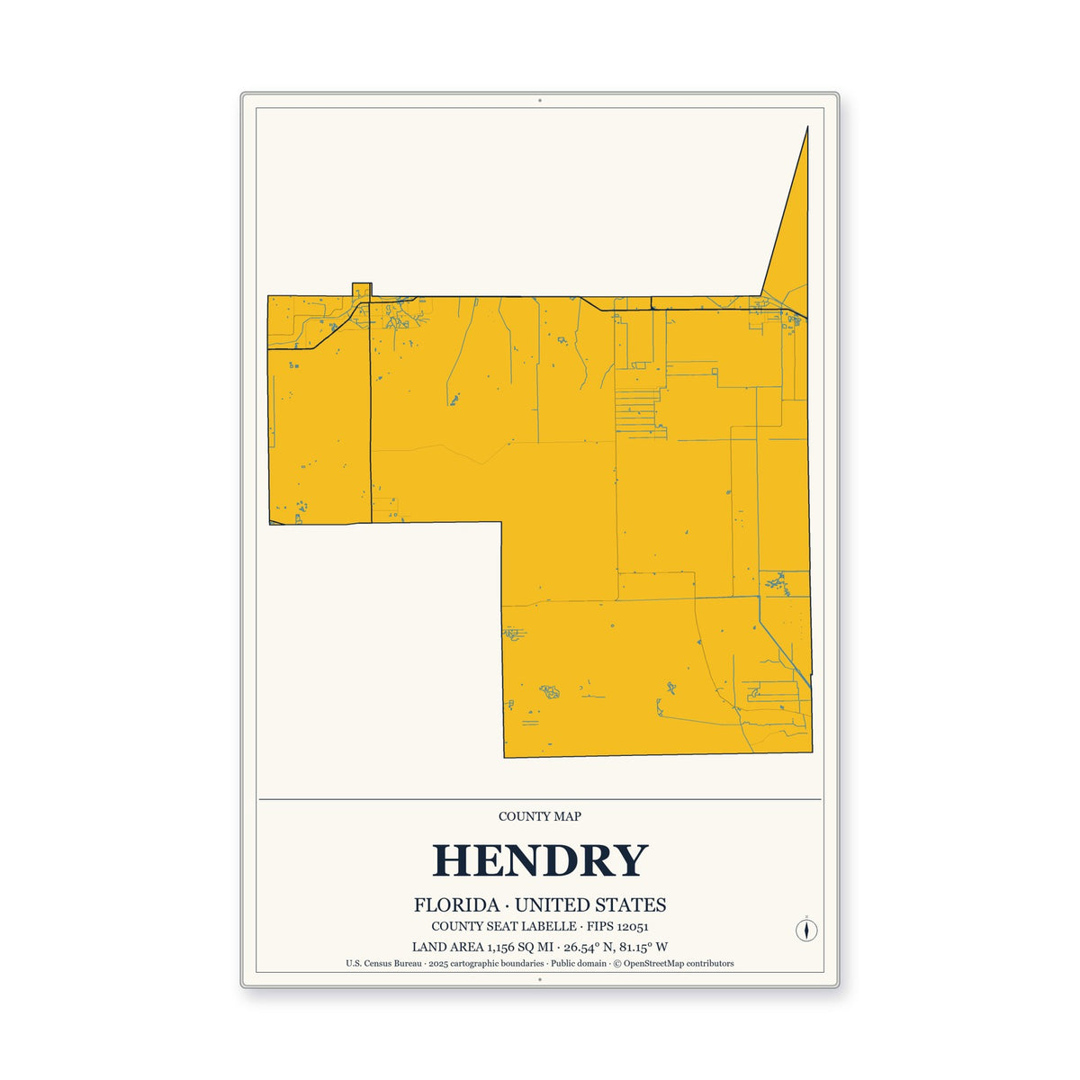 Hendry County, Florida Map Aluminum Sign in Citrine Modern style