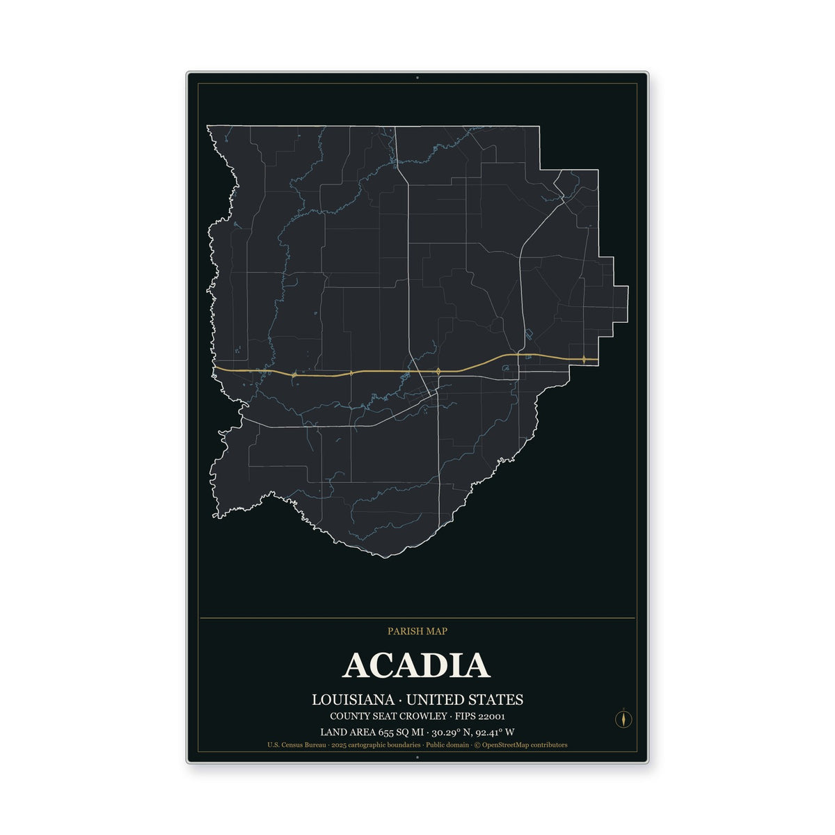 Acadia Parish, Louisiana Map Aluminum Sign in Metropolitan Noir style