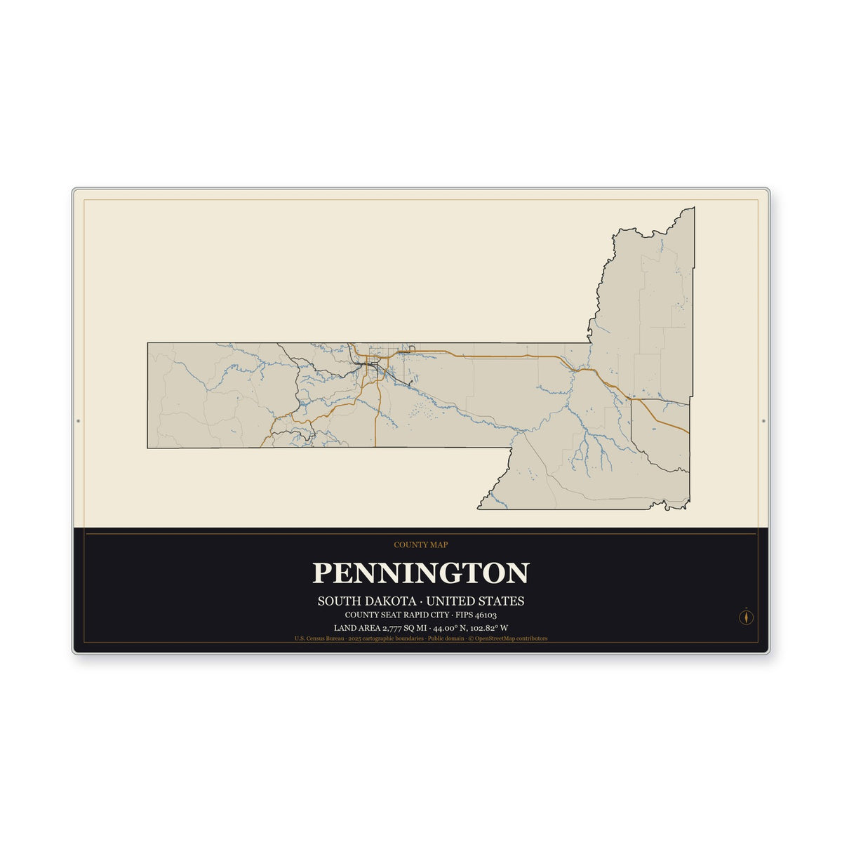 Pennington County, South Dakota Map Aluminum Sign in Museum Plaque style