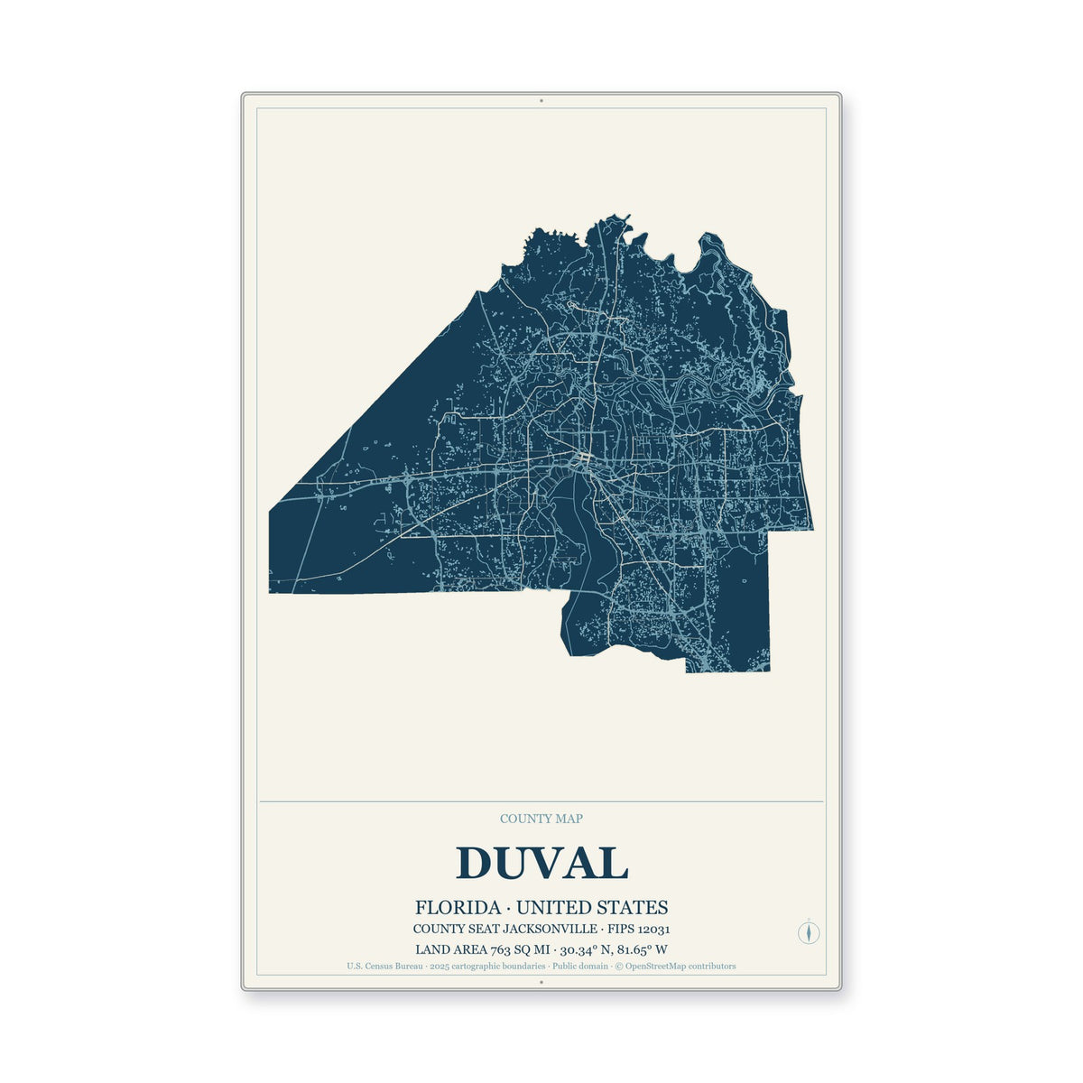 Duval County, Florida Map Aluminum Sign in Coastal Cutout style