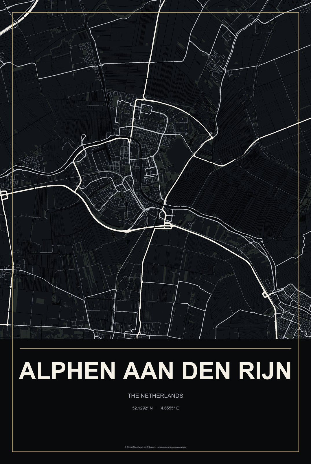 Alphen aan den Rijn, The Netherlands City Map Aluminum Sign in Metropolitan Noir style
