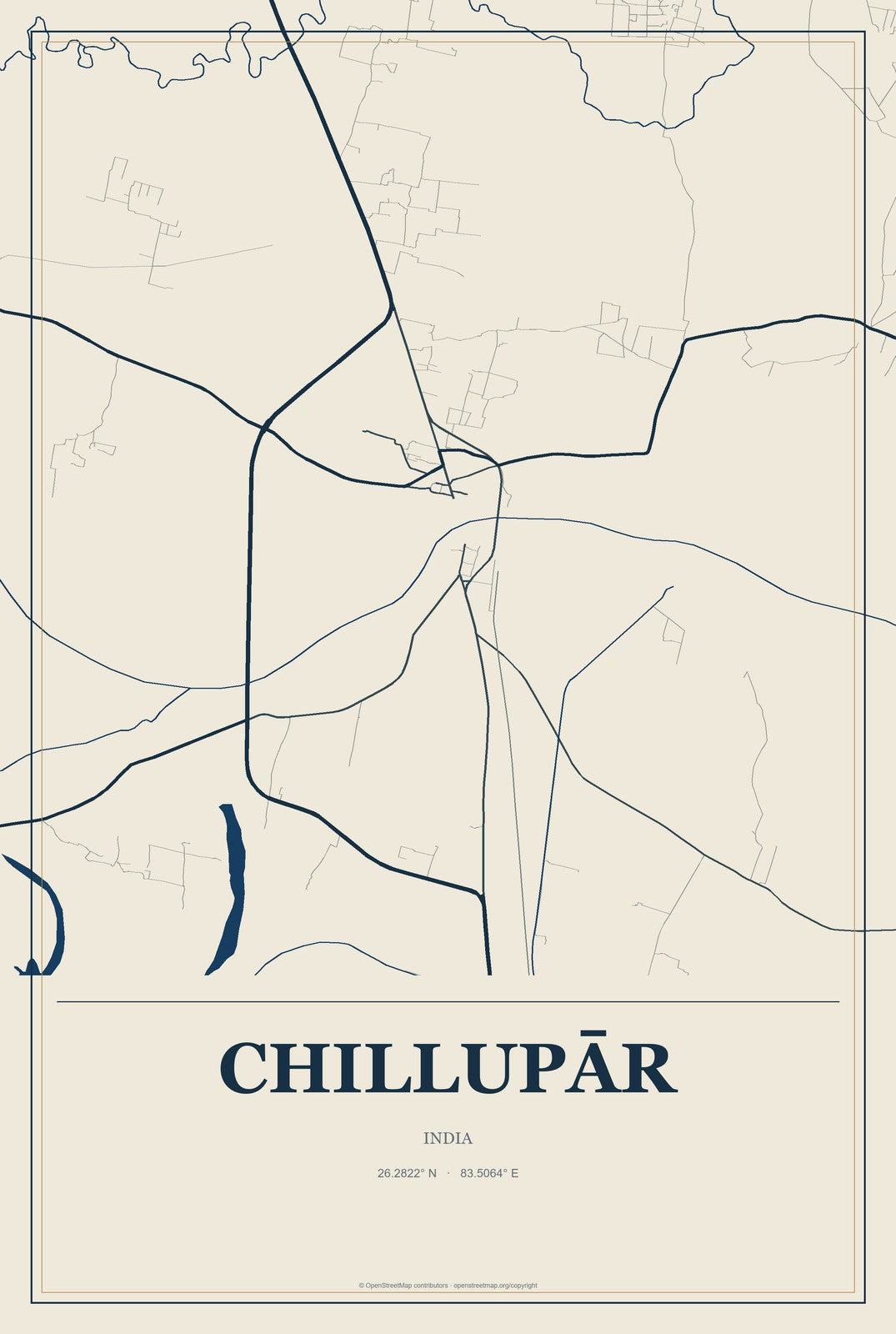 Chillupār, India City Map Aluminum Sign in Coastal Cutout style