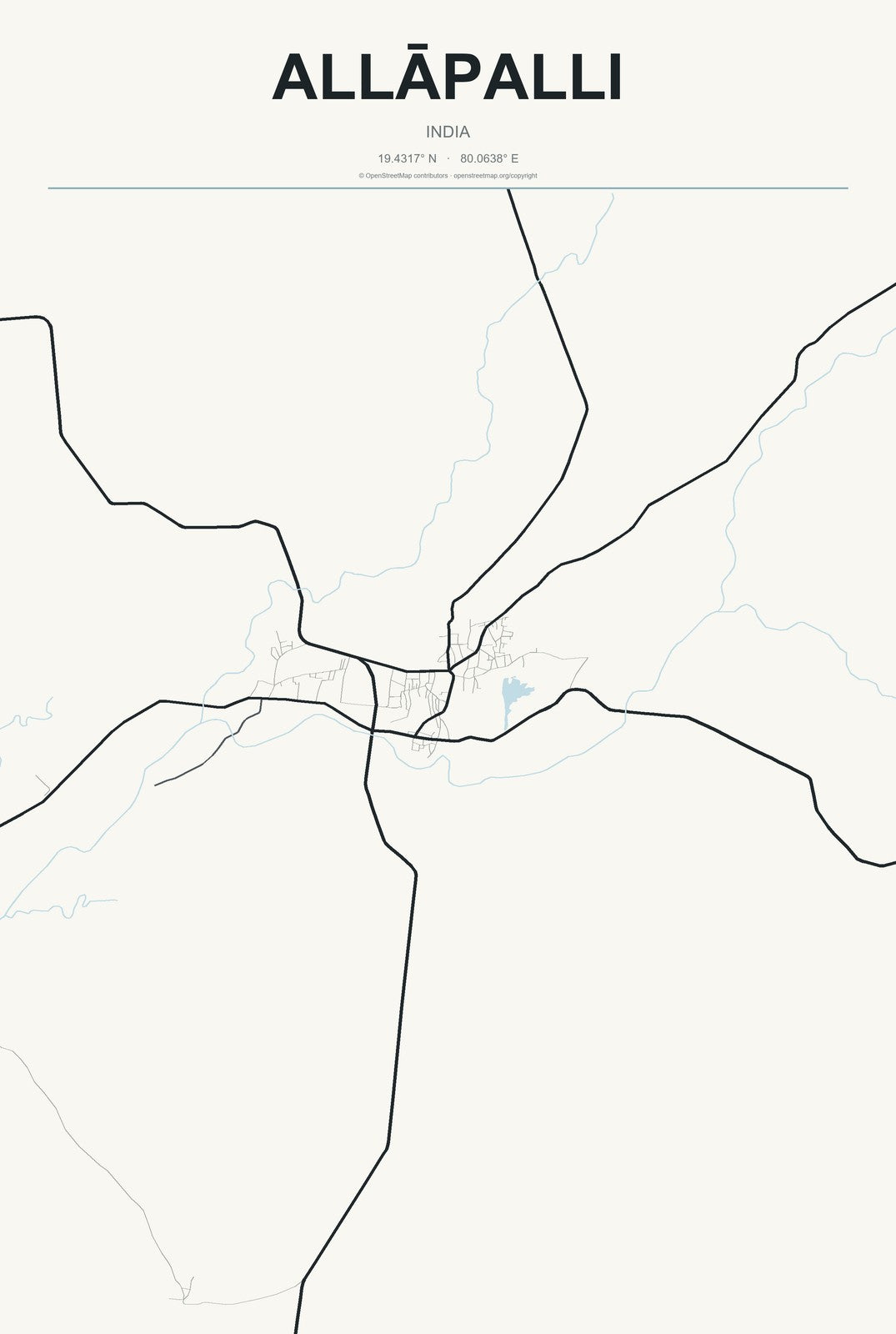 Allāpalli, India City Map Aluminum Sign in Headline Atlas style