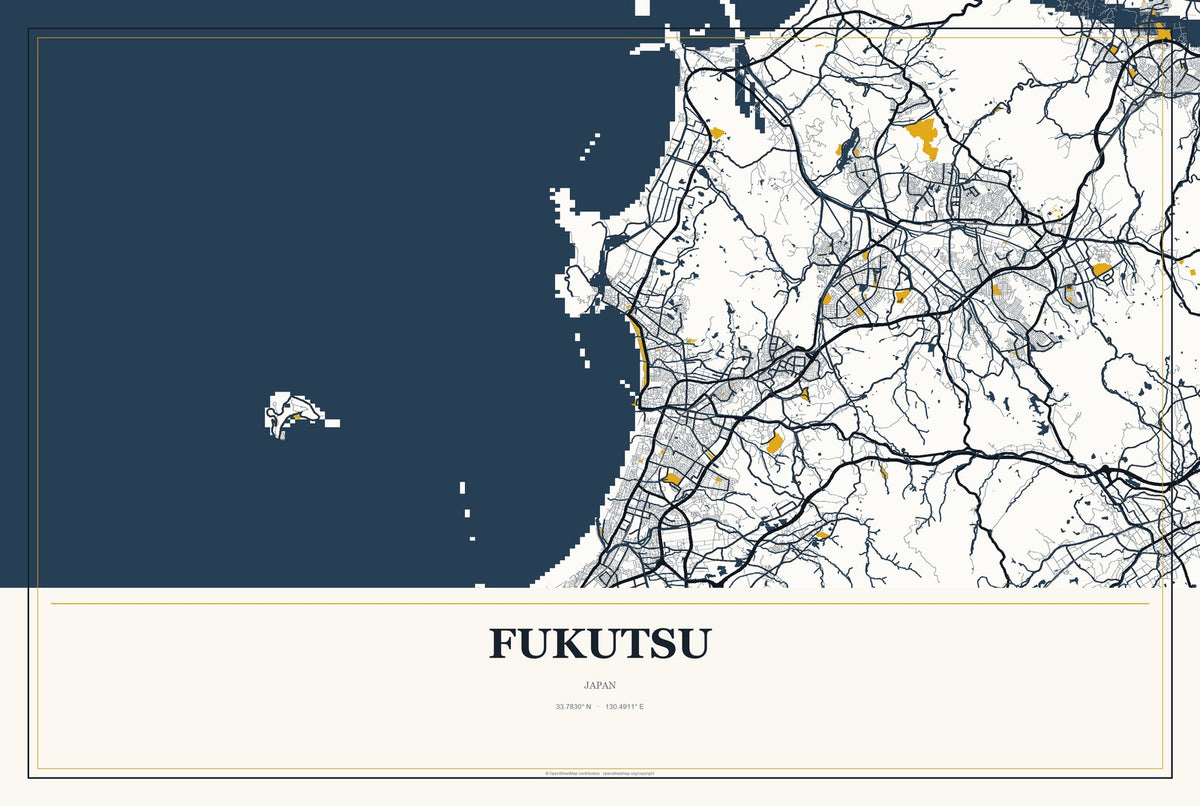 Fukutsu, Japan City Map Aluminum Sign in Citrine Modern style