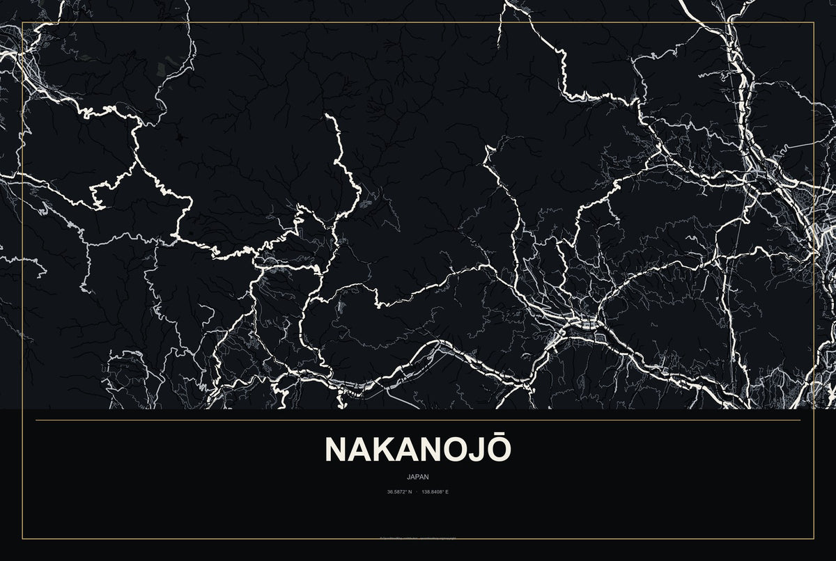 Nakanojō, Japan City Map Aluminum Sign in Metropolitan Noir style