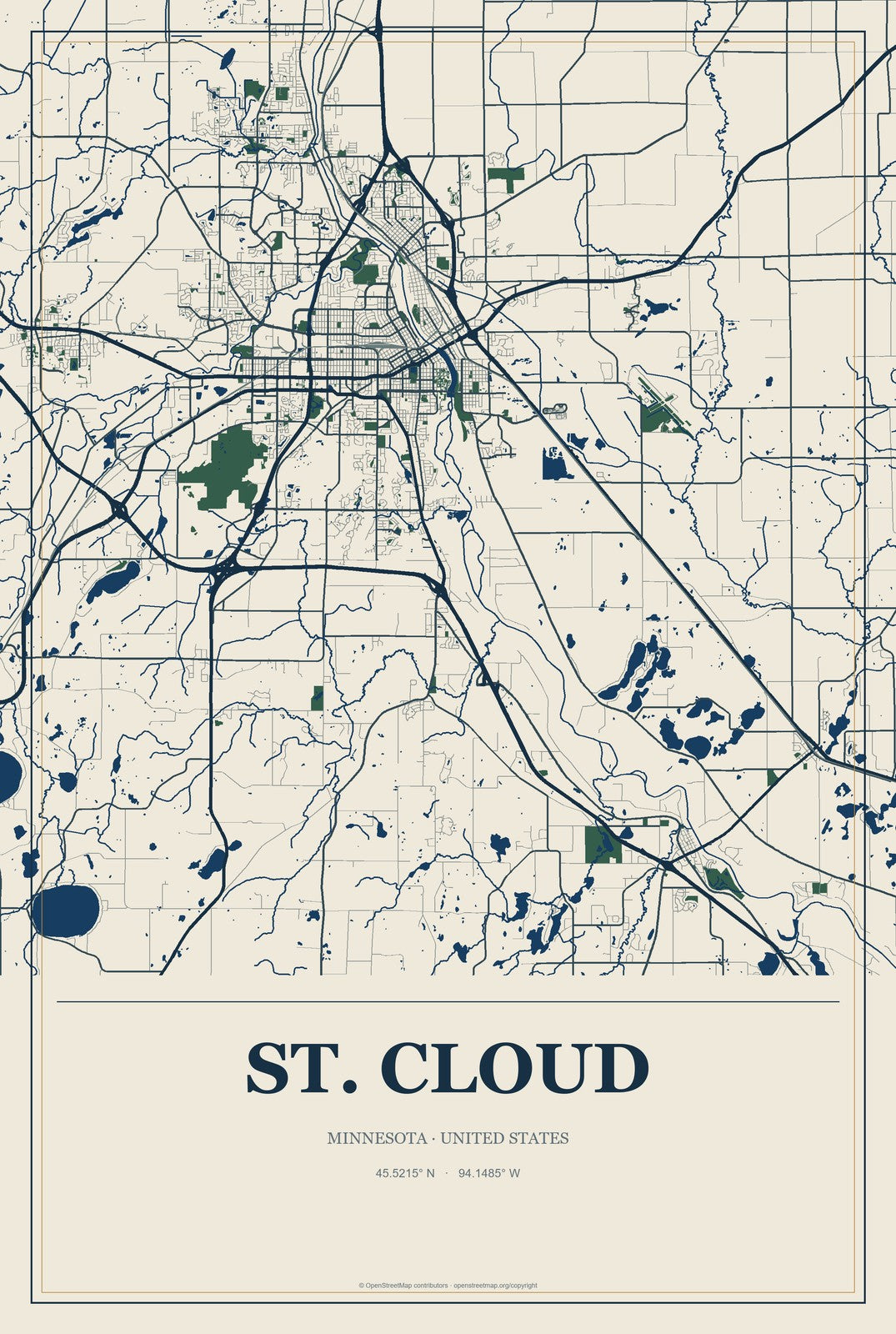 St. Cloud, Minnesota City Map Aluminum Sign in Coastal Cutout style