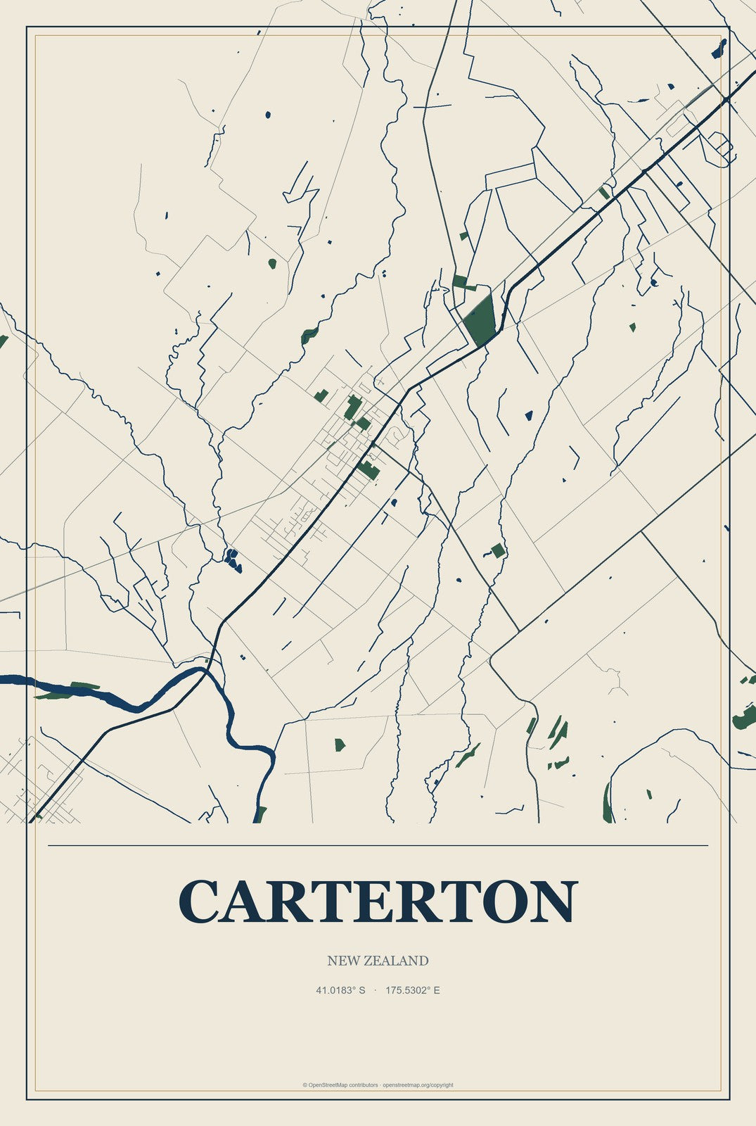 Carterton, New Zealand City Map Aluminum Sign in Coastal Cutout style