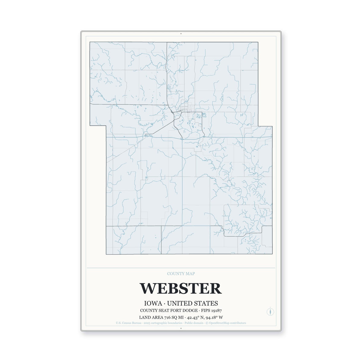 Webster County, Iowa Map Aluminum Sign in Gallery Air style