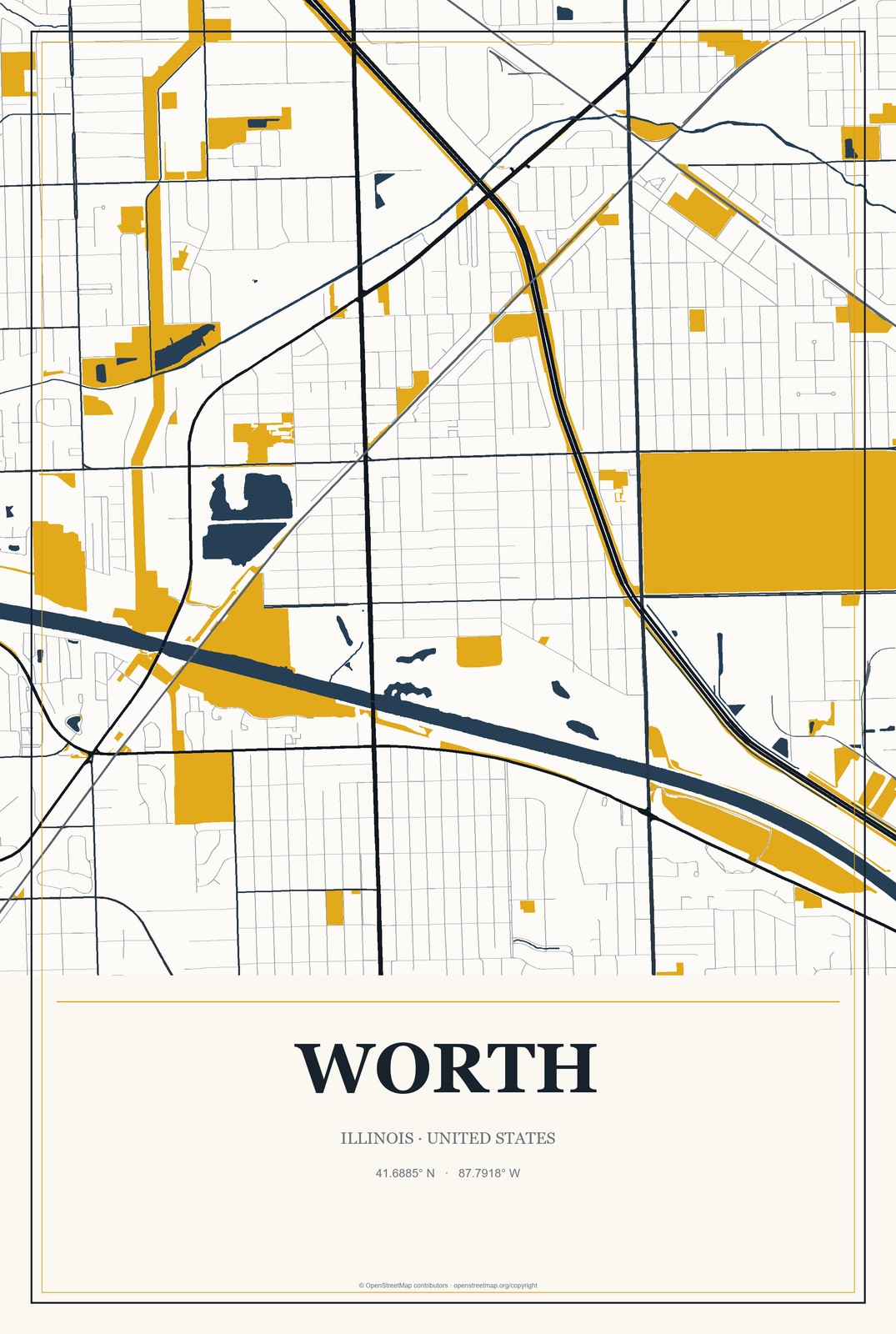 Worth, Illinois City Map Aluminum Sign in Citrine Modern style