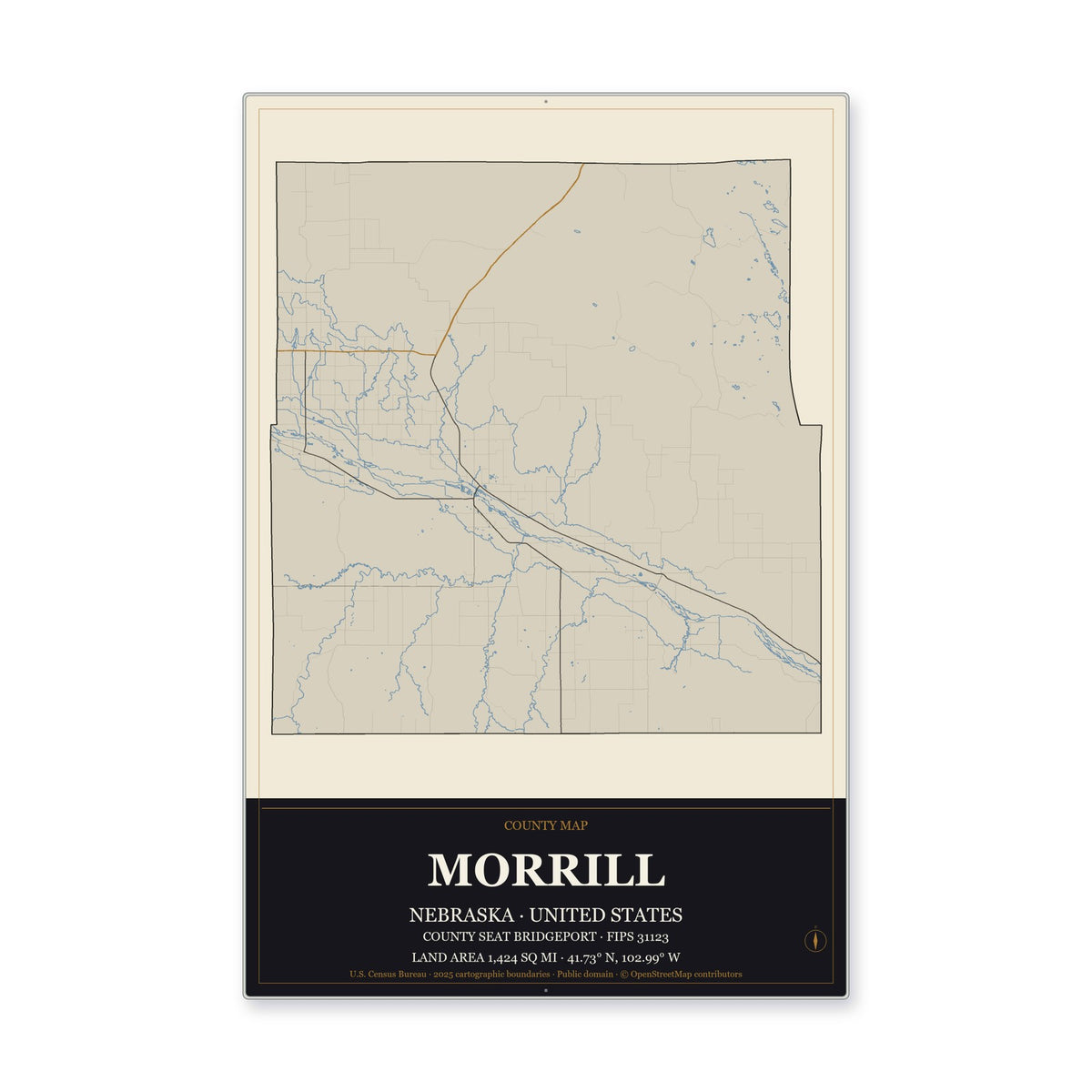 Morrill County, Nebraska Map Aluminum Sign in Museum Plaque style