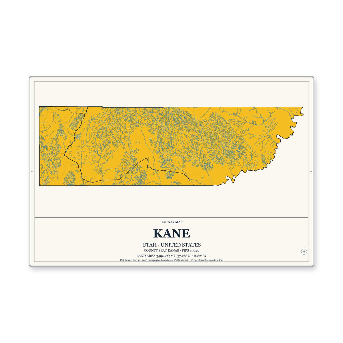 Kane County, Utah Map Aluminum Sign in Citrine Modern style
