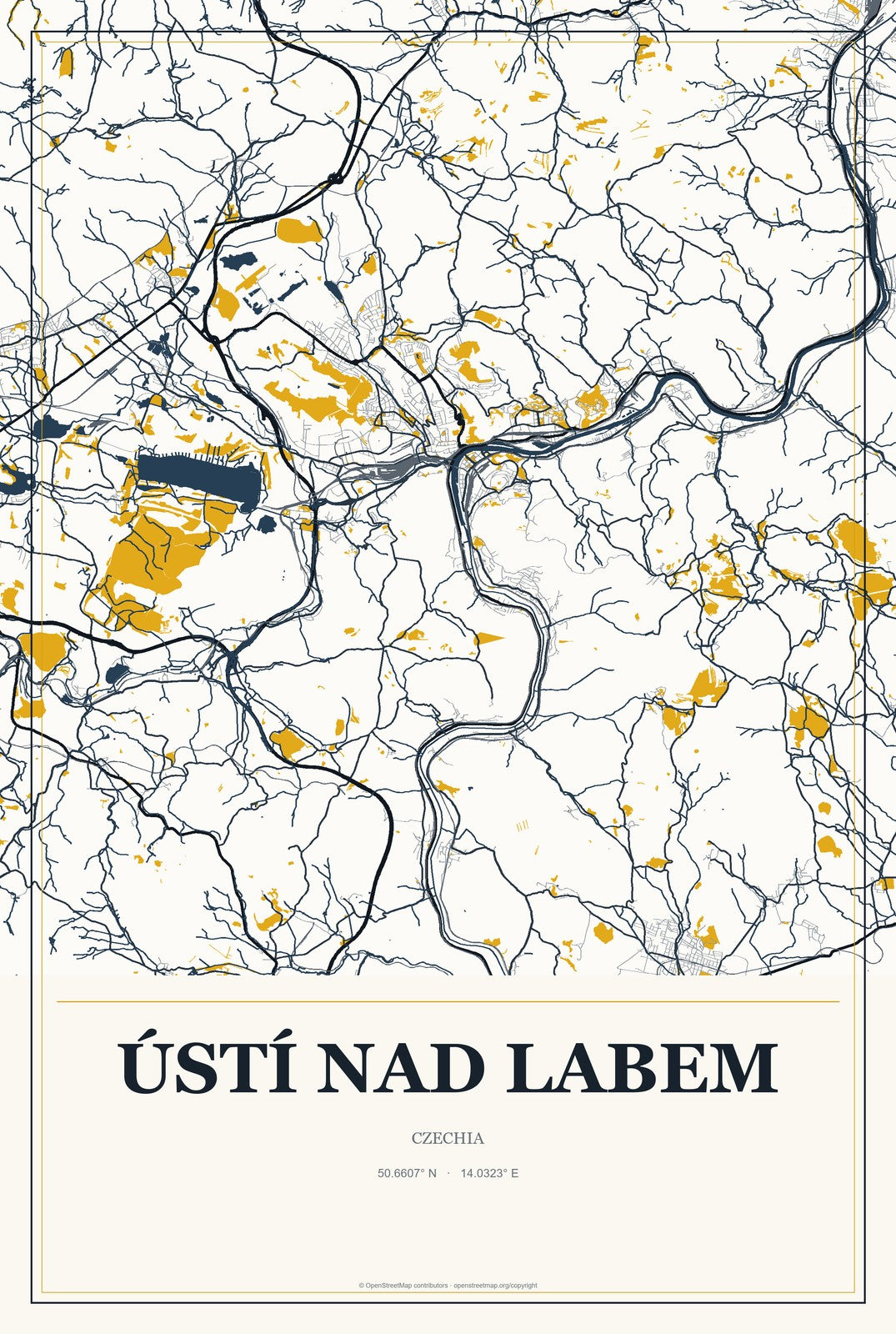 Ústí nad Labem, Czechia City Map Aluminum Sign in Citrine Modern style
