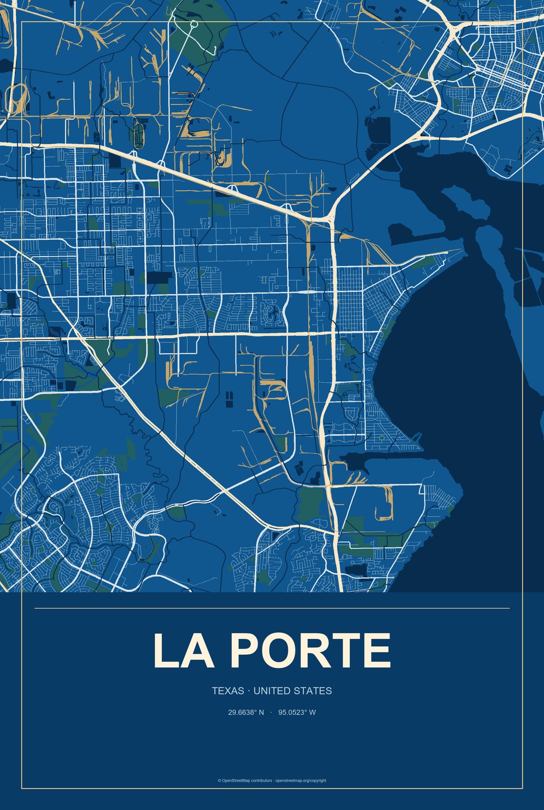 La Porte, Texas City Map Aluminum Sign in Harbor Cobalt style