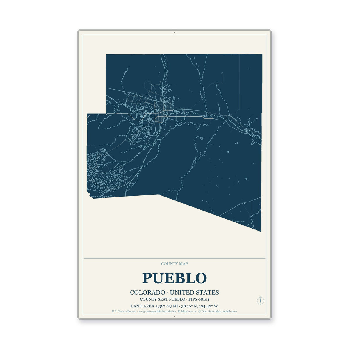 Pueblo County, Colorado Map Aluminum Sign in Coastal Cutout style
