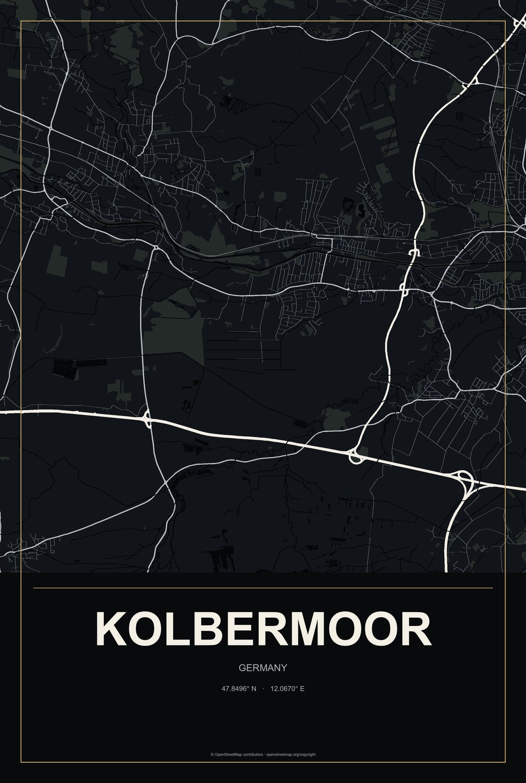 Kolbermoor, Germany City Map Aluminum Sign in Metropolitan Noir style