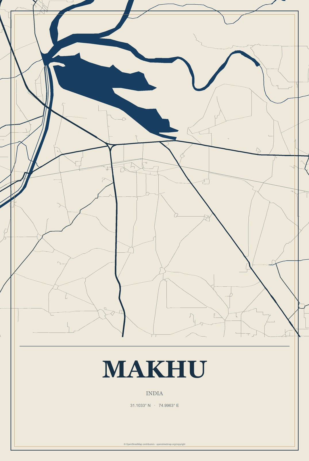 Makhu, India City Map Aluminum Sign in Coastal Cutout style