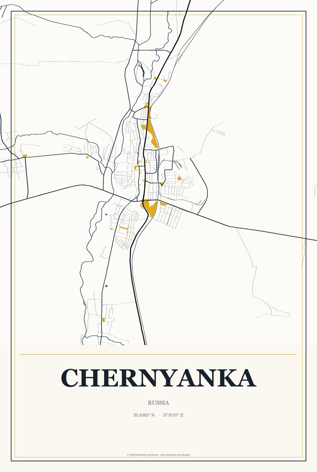 Chernyanka, Russia City Map Aluminum Sign in Citrine Modern style