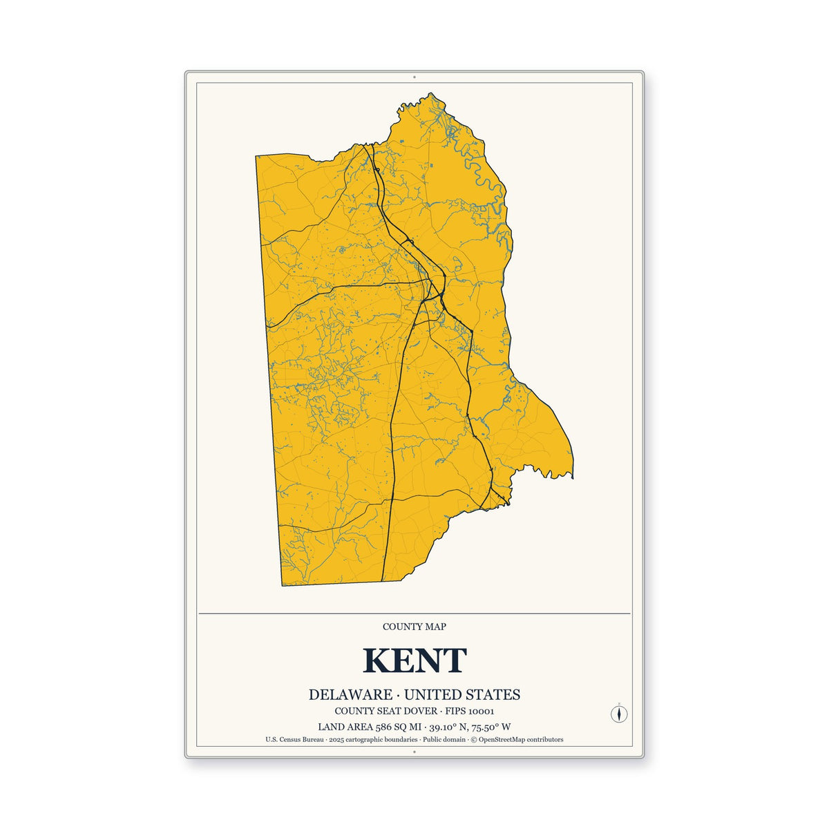 Kent County, Delaware Map Aluminum Sign in Citrine Modern style