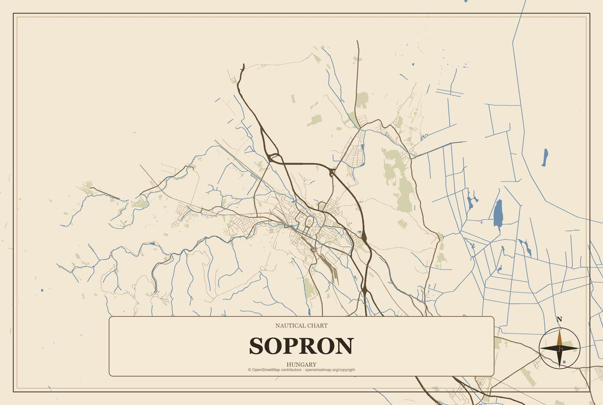 Sopron, Hungary City Map Aluminum Sign in Heritage Nautical style