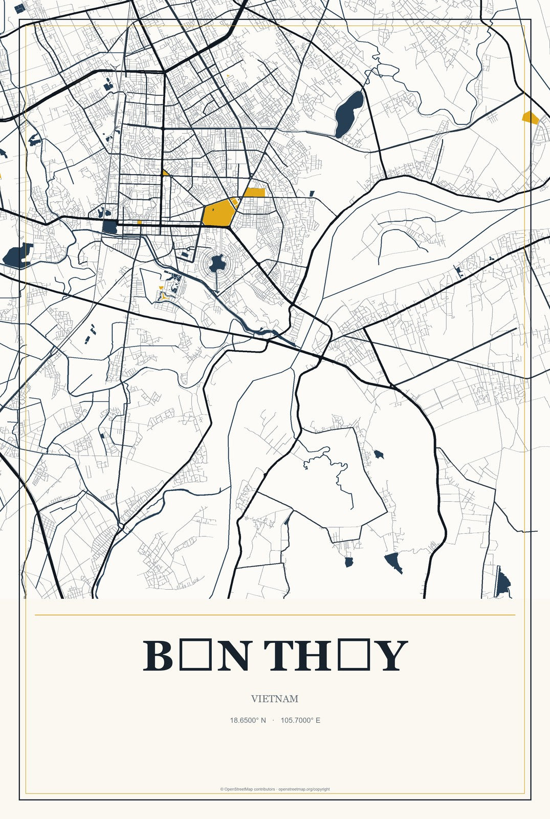 Bến Thủy, Vietnam City Map Aluminum Sign in Citrine Modern style