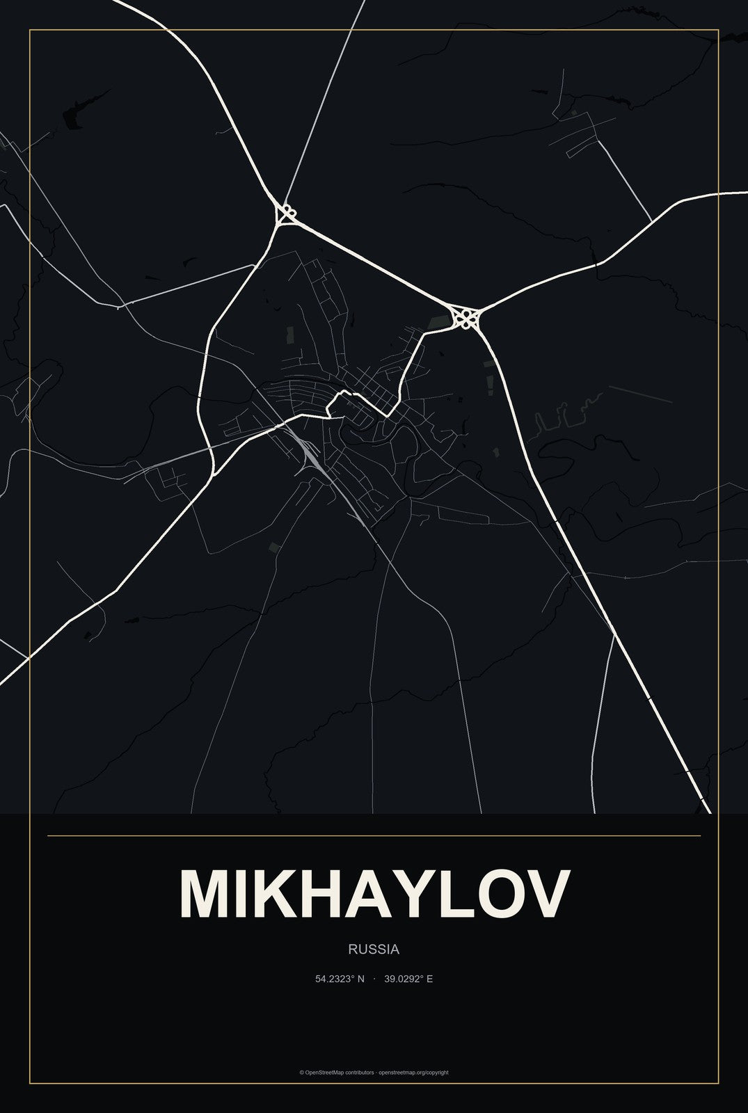 Mikhaylov, Russia City Map Aluminum Sign in Metropolitan Noir style