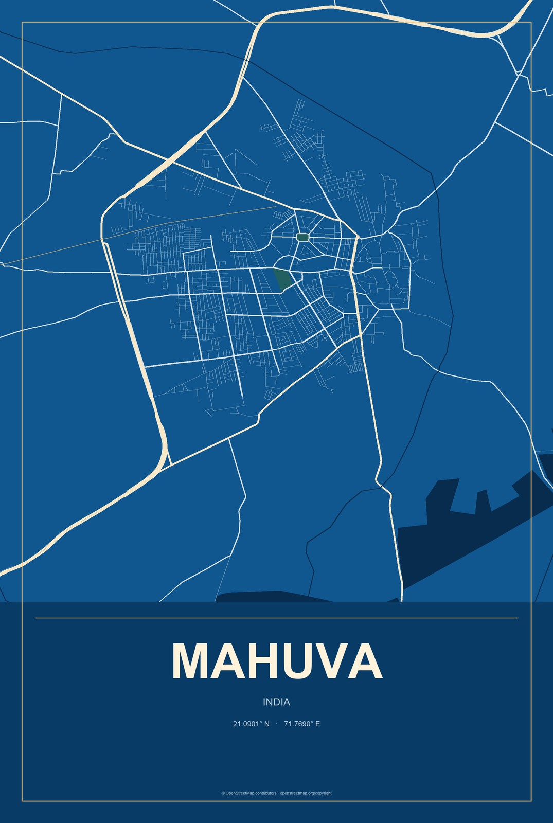 Mahuva, India City Map Aluminum Sign in Harbor Cobalt style