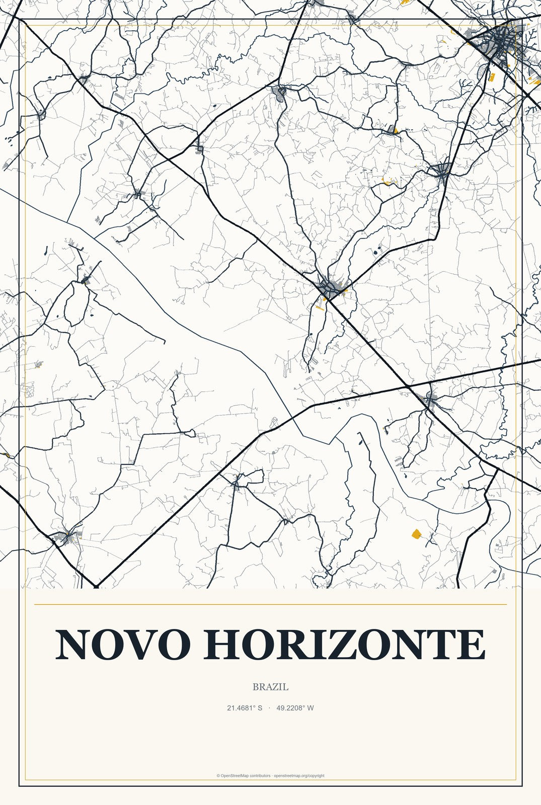 Novo Horizonte, Bahia, Brazil City Map Aluminum Sign in Citrine Modern style