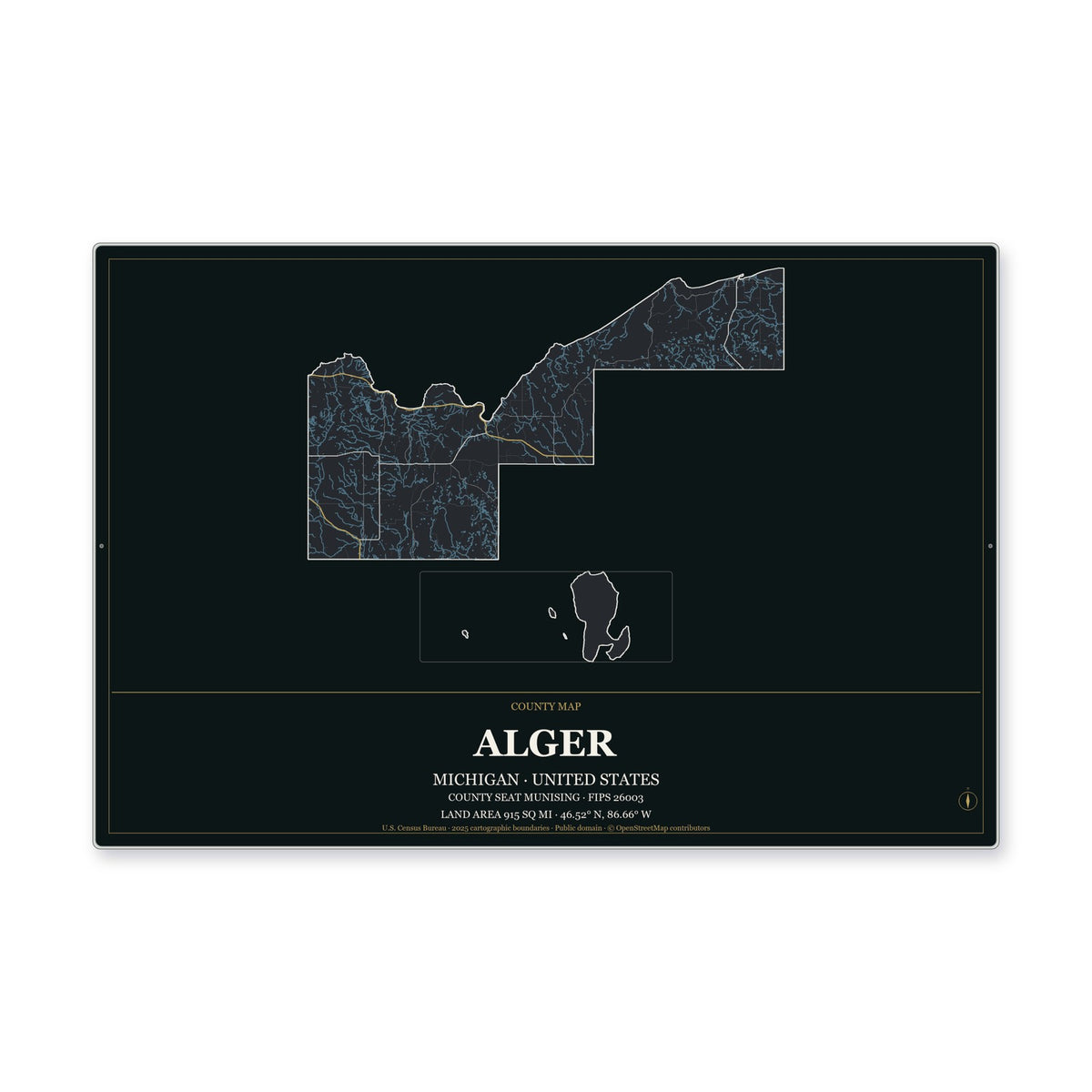 Alger County, Michigan Map Aluminum Sign in Metropolitan Noir style