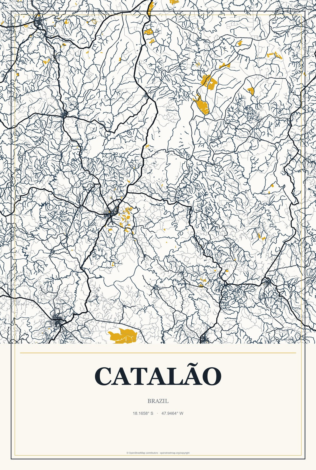 Catalão, Brazil City Map Aluminum Sign in Citrine Modern style