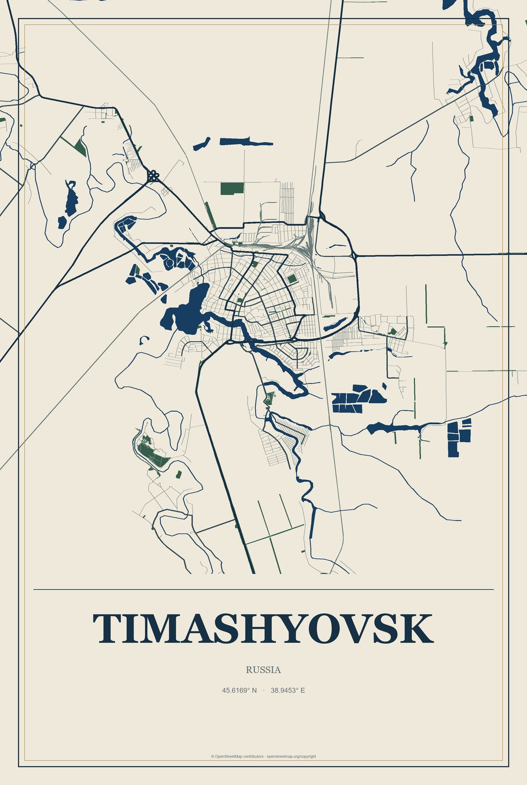 Timashyovsk, Russia City Map Aluminum Sign in Coastal Cutout style