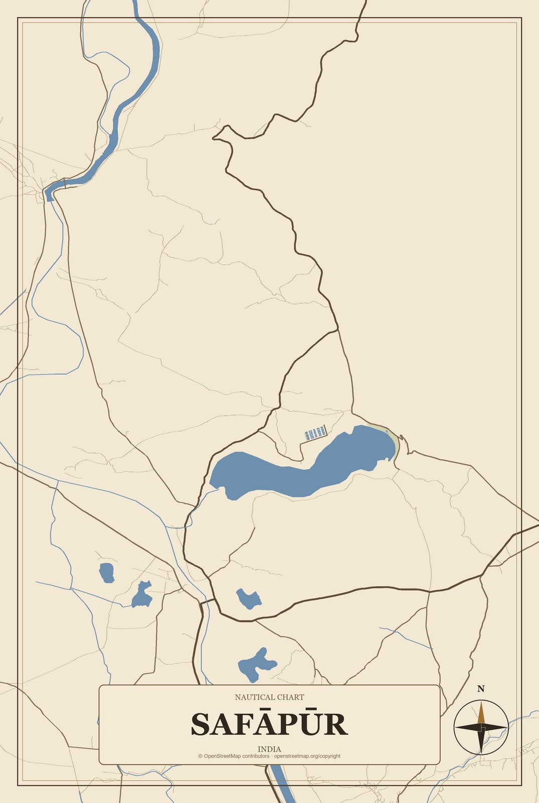 Safāpūr, India City Map Aluminum Sign in Heritage Nautical style