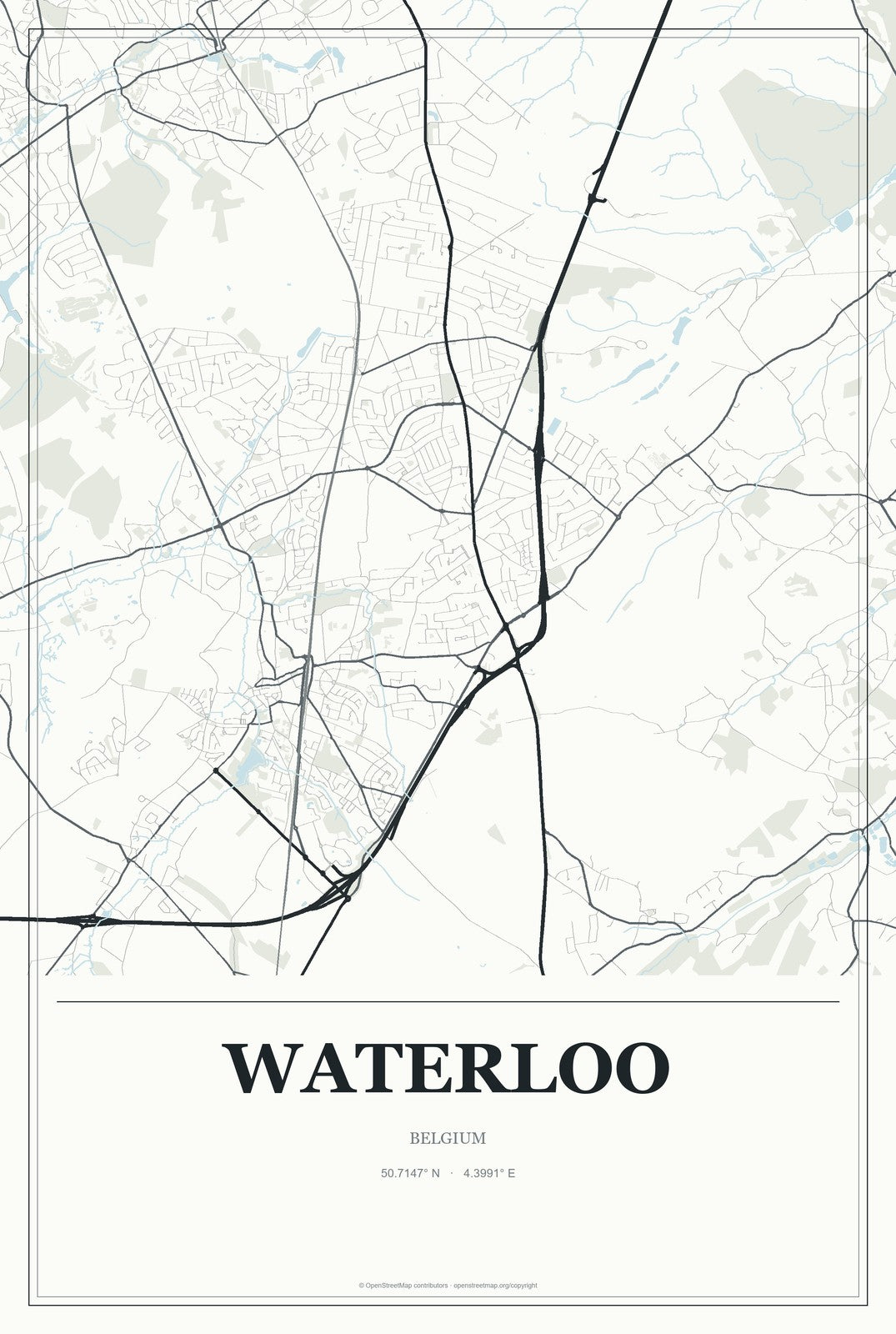 Waterloo, Belgium City Map Aluminum Sign in Gallery Air style