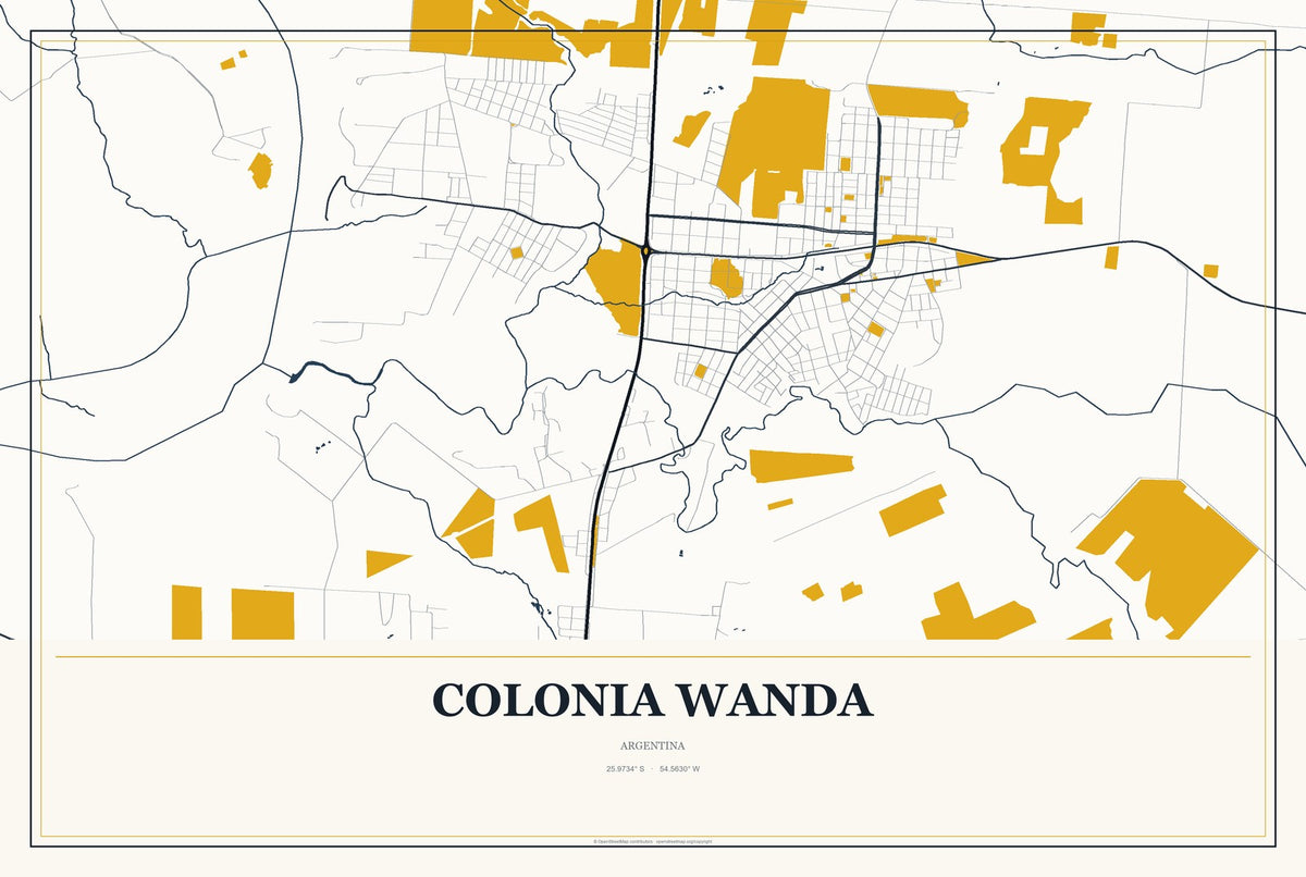 Colonia Wanda, Argentina City Map Aluminum Sign in Citrine Modern style