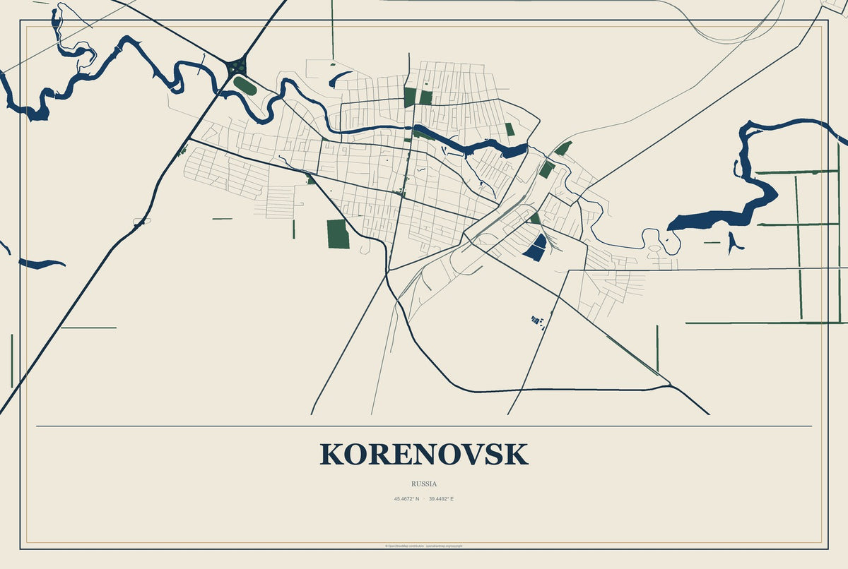 Korenovsk, Russia City Map Aluminum Sign in Coastal Cutout style