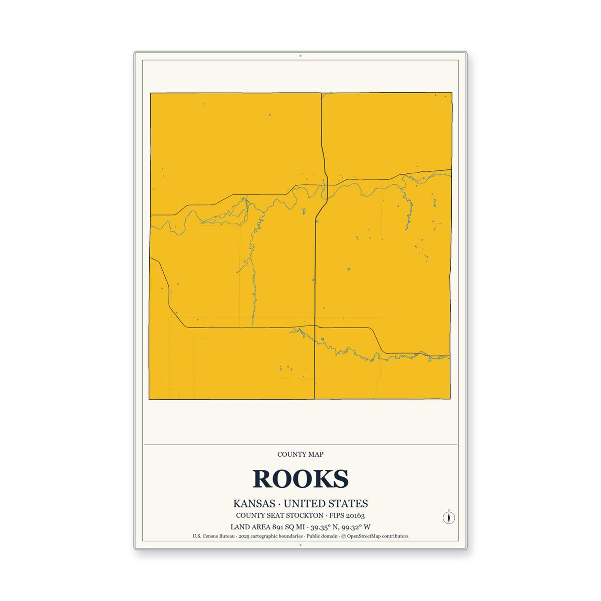 Rooks County, Kansas Map Aluminum Sign in Citrine Modern style